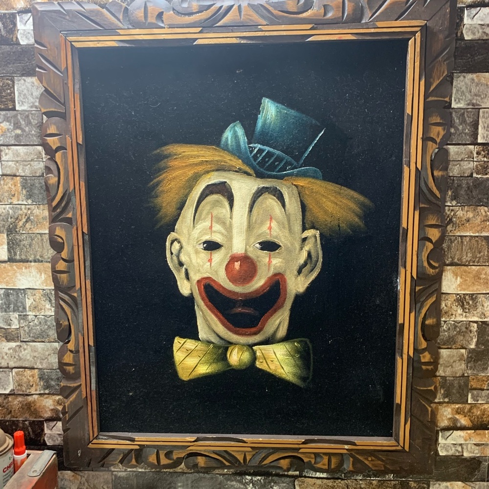 Vintage 70’s Felt Clown painting Hand Carved frame.